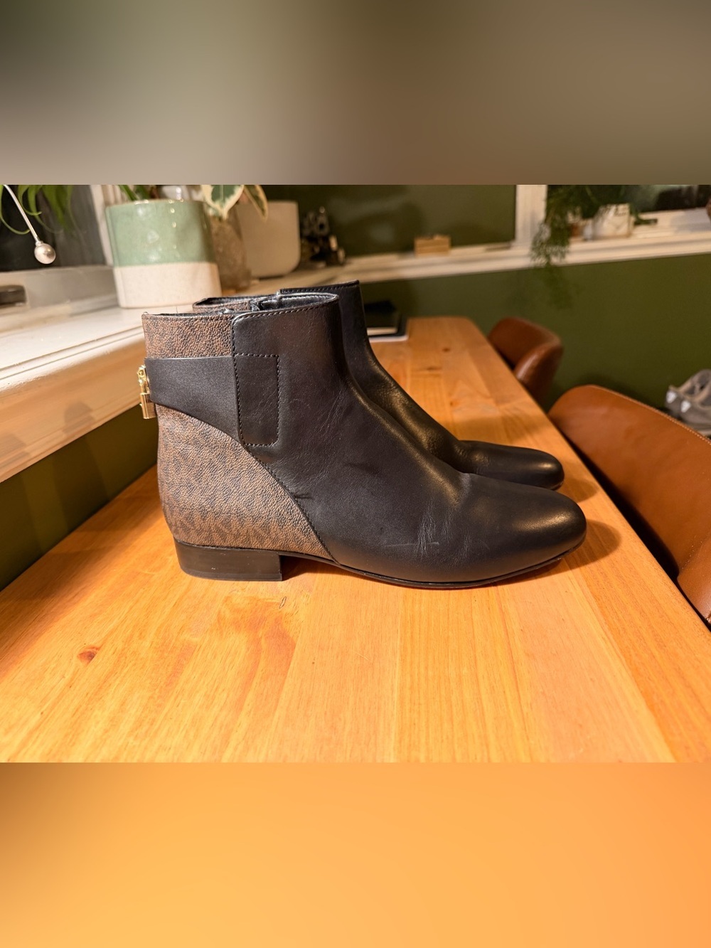 Michael Kors Black Leather Ankle Booties with Brown Monogram Heel